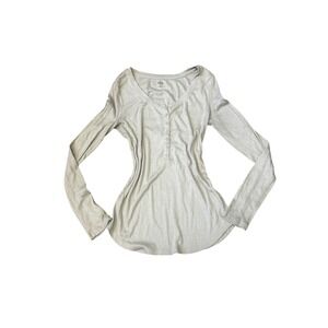 ana Long Sleeve Henley Top Women's Beige Ribbed Button Up Casual Basic